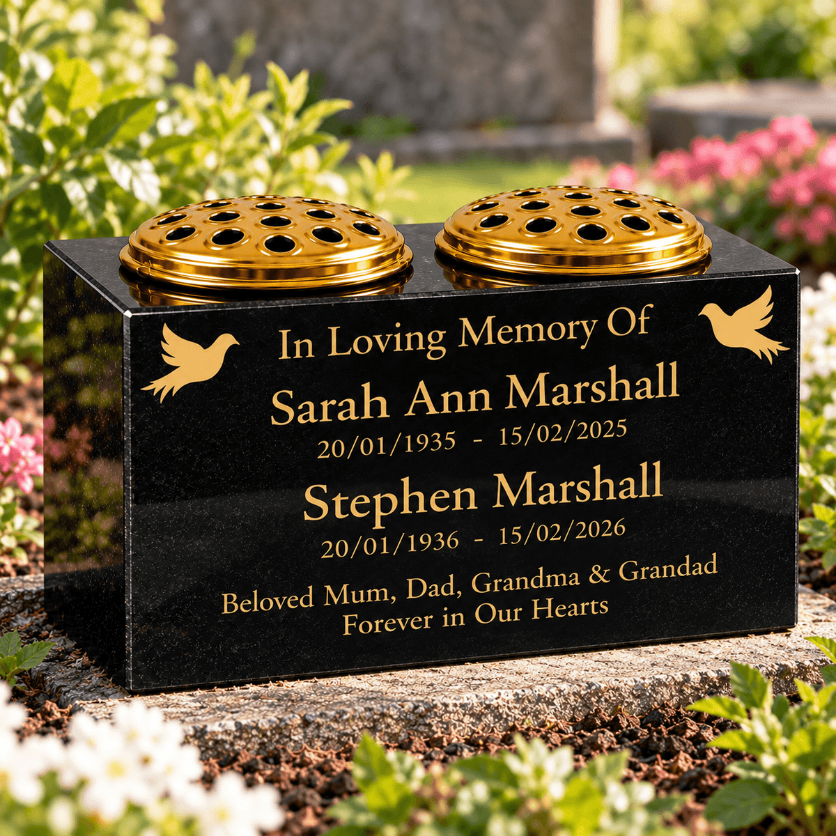 Personalised Granite Double Memorial Vase – Two Names & Two Flower Holders 12x6x6 inches