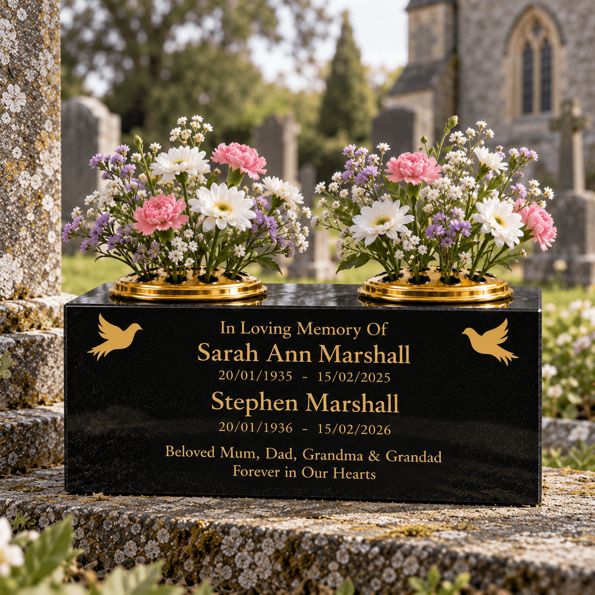 Personalised Granite Double Memorial Vase – Two Names & Two Flower Holders 12x6x6 inches