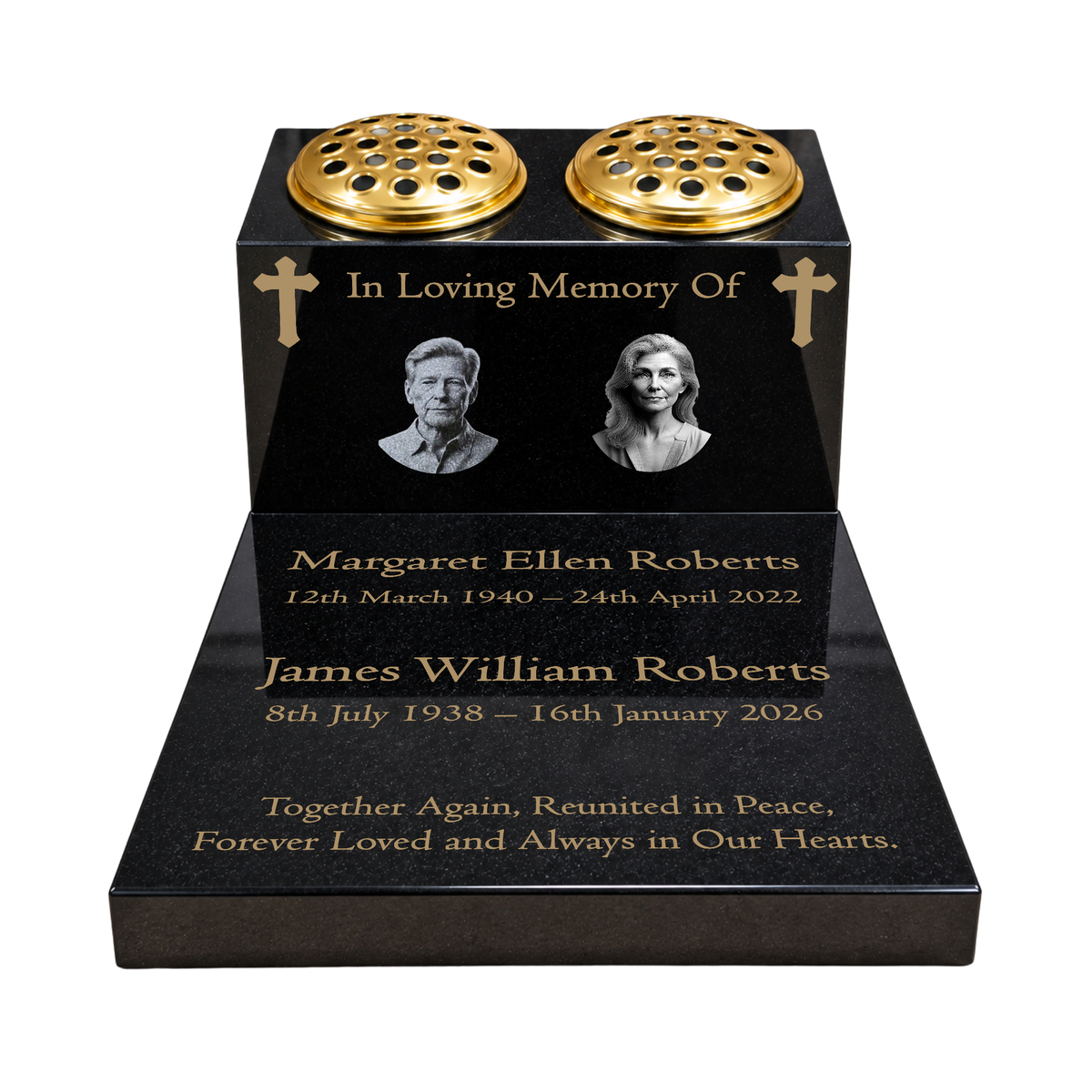 Double Vase & Tablet Granite Memorial, Two Portraits, Two Names, Crosses, Personalised Gold Engraving (18x12x8 inches, approx 43kg)