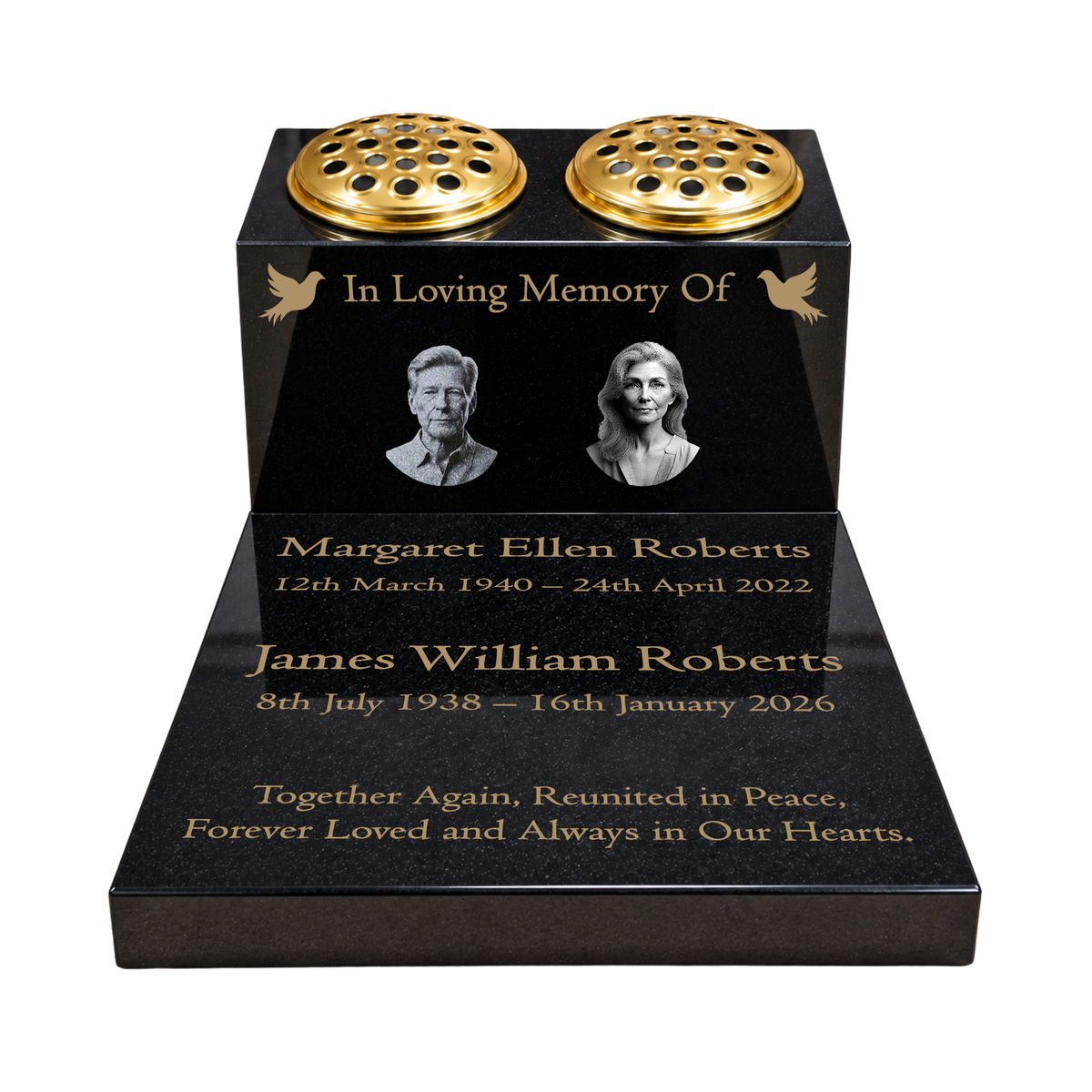 Double Vase & Tablet Granite Memorial, Two Portraits, Two Names, Dove, Personalised Gold Engraving (18x12x8 inches, approx 43kg)