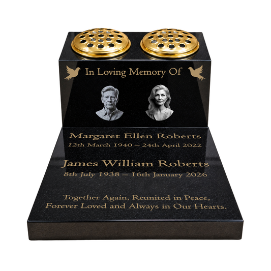 Double Vase & Tablet Granite Memorial, Two Portraits, Two Names, Dove, Personalised Gold Engraving (18x12x8 inches, approx 43kg)