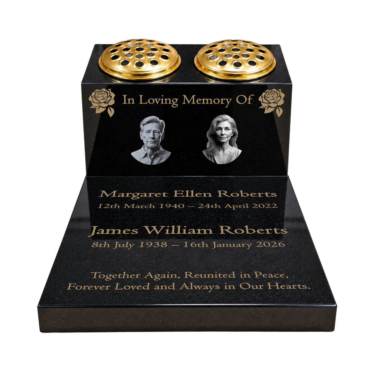 Double Vase & Tablet Granite Memorial, Two Portraits, Two Names, Rose, Personalised Gold Engraving (18x12x8 inches, approx 43kg)
