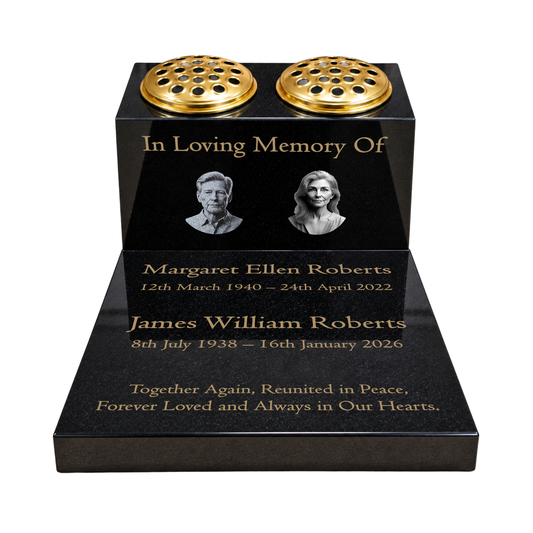 Double Vase & Tablet Granite Memorial, Two Portraits, Two Names, Personalised Gold Engraving (18x12x8 inches, approx 43kg)