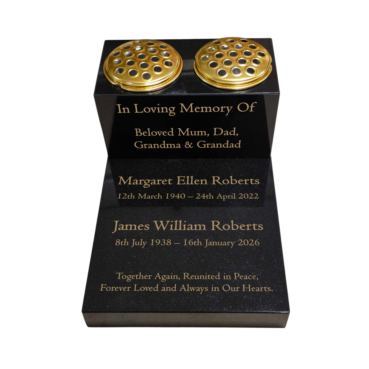 Double Vase & Tablet Granite Memorial, Two Names, Personalised Gold Engraving (18x12x8 inches, approx 43kg)
