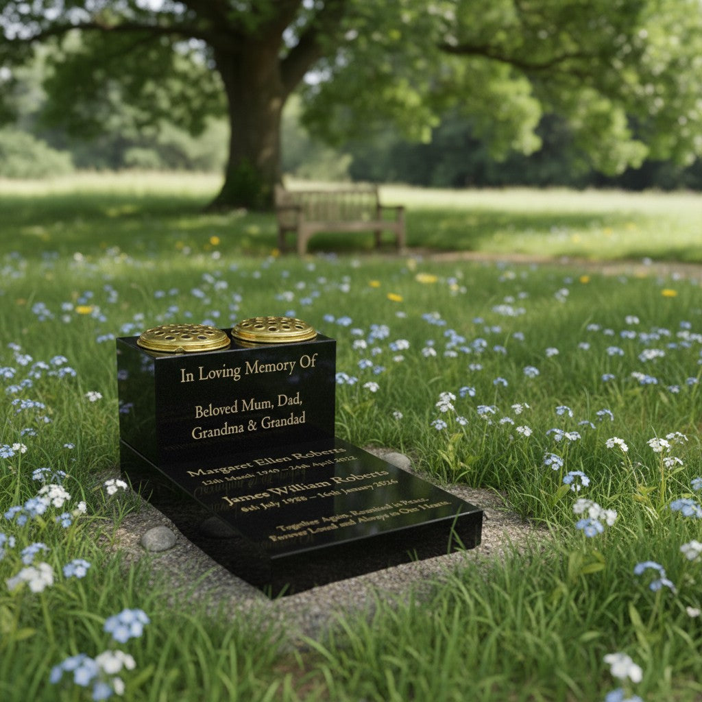 Double Vase & Tablet Granite Memorial, Two Names, Personalised Gold Engraving (18x12x8 inches, approx 43kg)