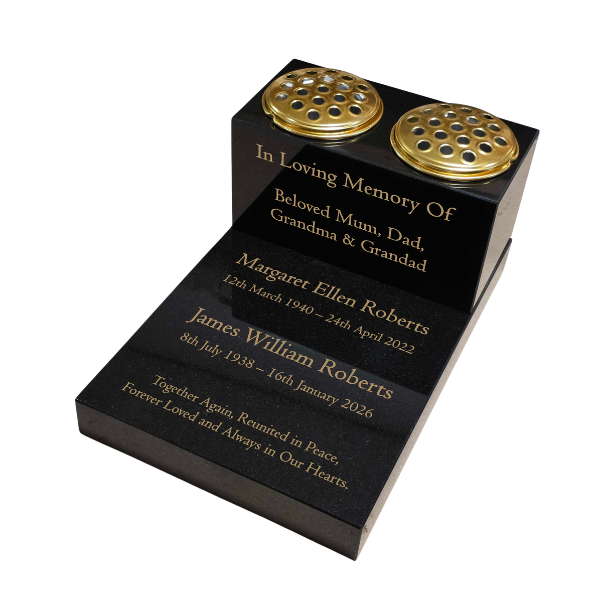 Double Vase & Tablet Granite Memorial, Two Names, Personalised Gold Engraving (18x12x8 inches, approx 43kg)