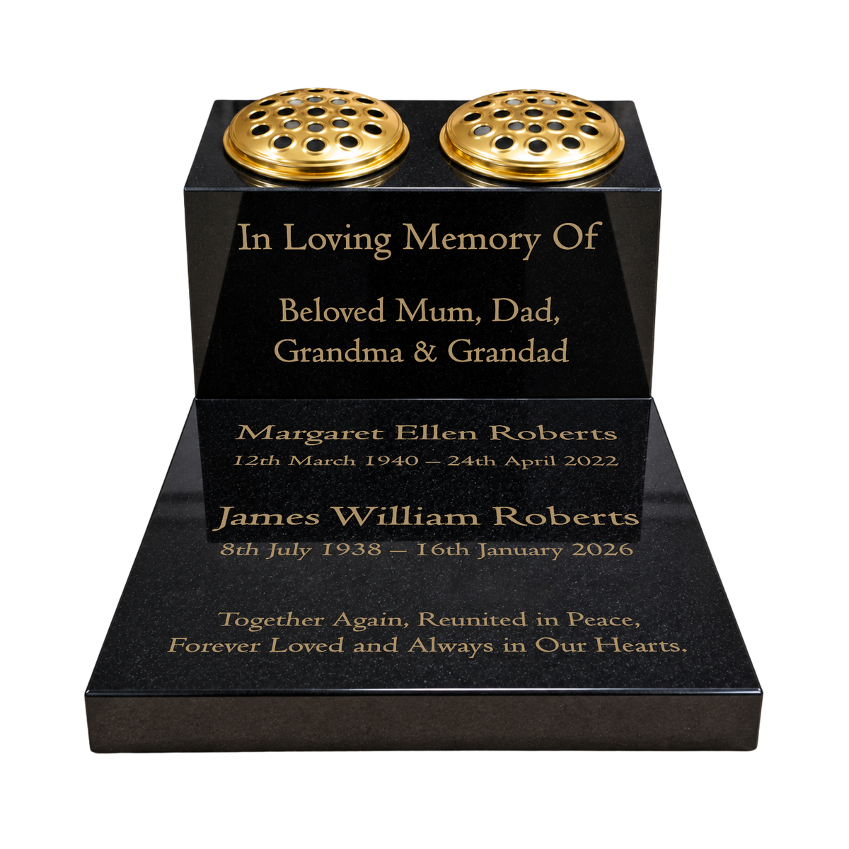 Double Vase & Tablet Granite Memorial, Two Names, Personalised Gold Engraving (18x12x8 inches, approx 43kg)