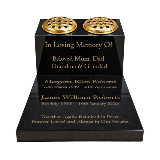 Double Vase & Tablet Granite Memorial, Two Names, Personalised Gold Engraving (18x12x8 inches, approx 43kg)