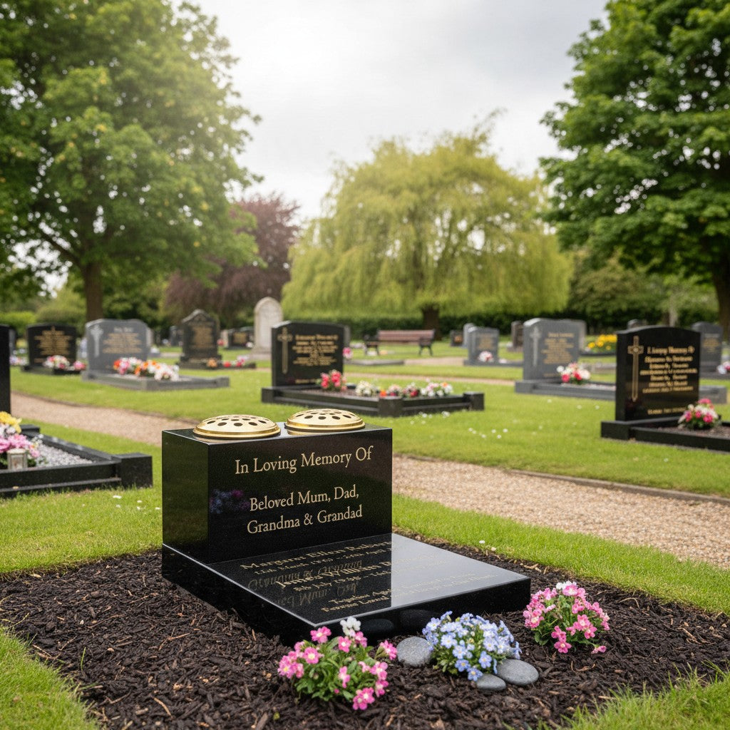 Double Vase & Tablet Granite Memorial, Two Names, Personalised Gold Engraving (18x12x8 inches, approx 43kg)