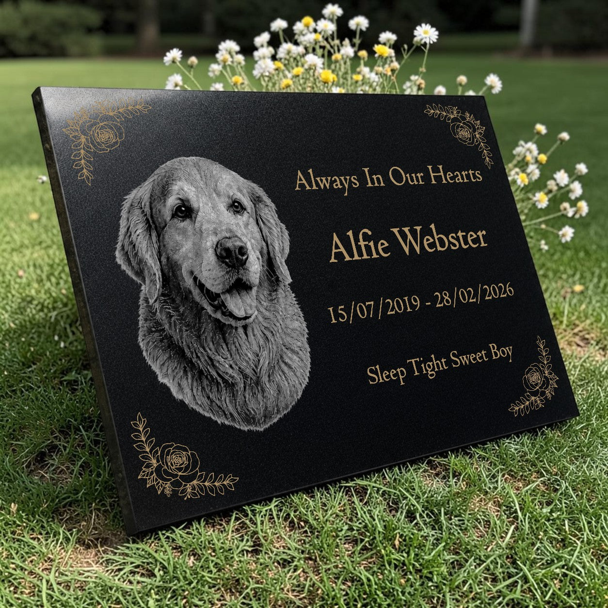 Dog Memorial Granite Photo Plaque - Floral Design