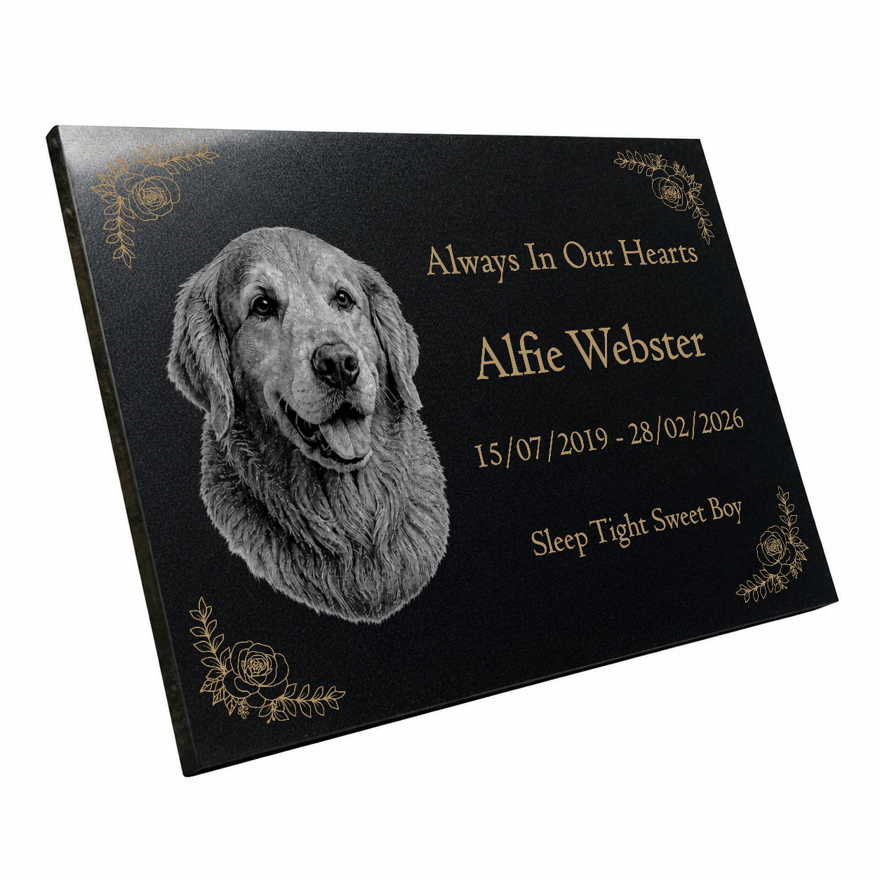Dog Memorial Granite Photo Plaque - Floral Design