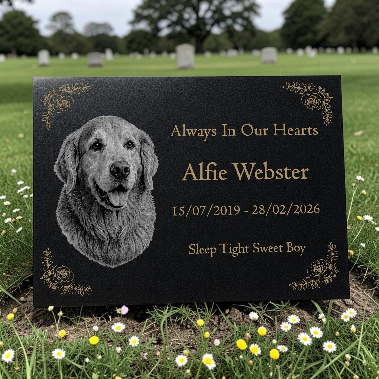 Dog Memorial Granite Photo Plaque - Floral Design
