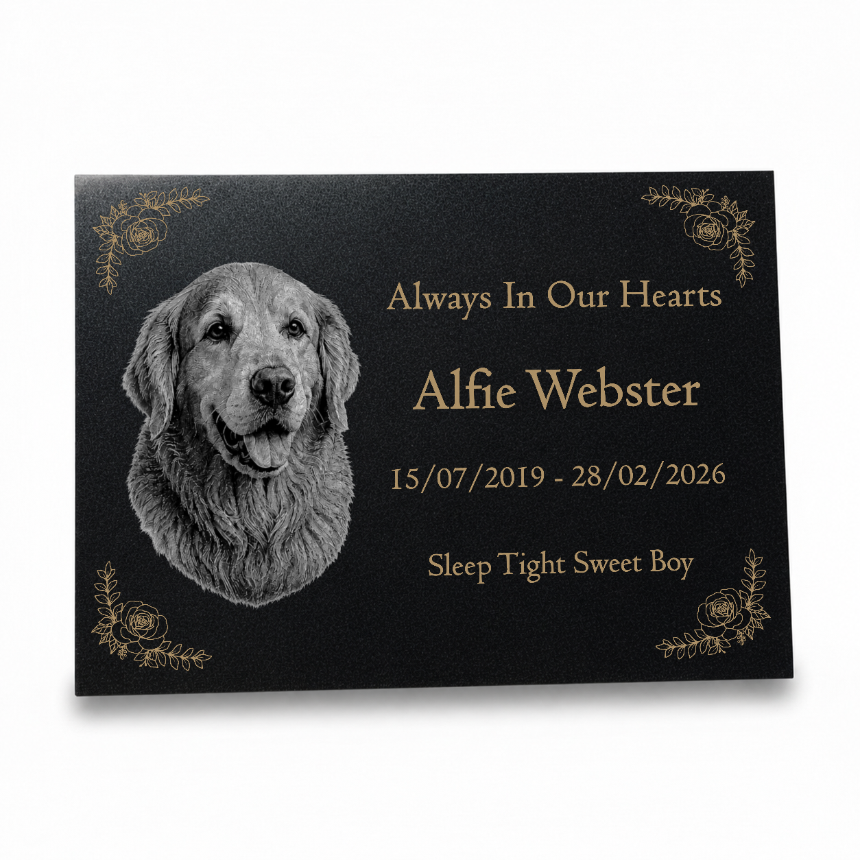 Dog Memorial Granite Photo Plaque - Floral Design