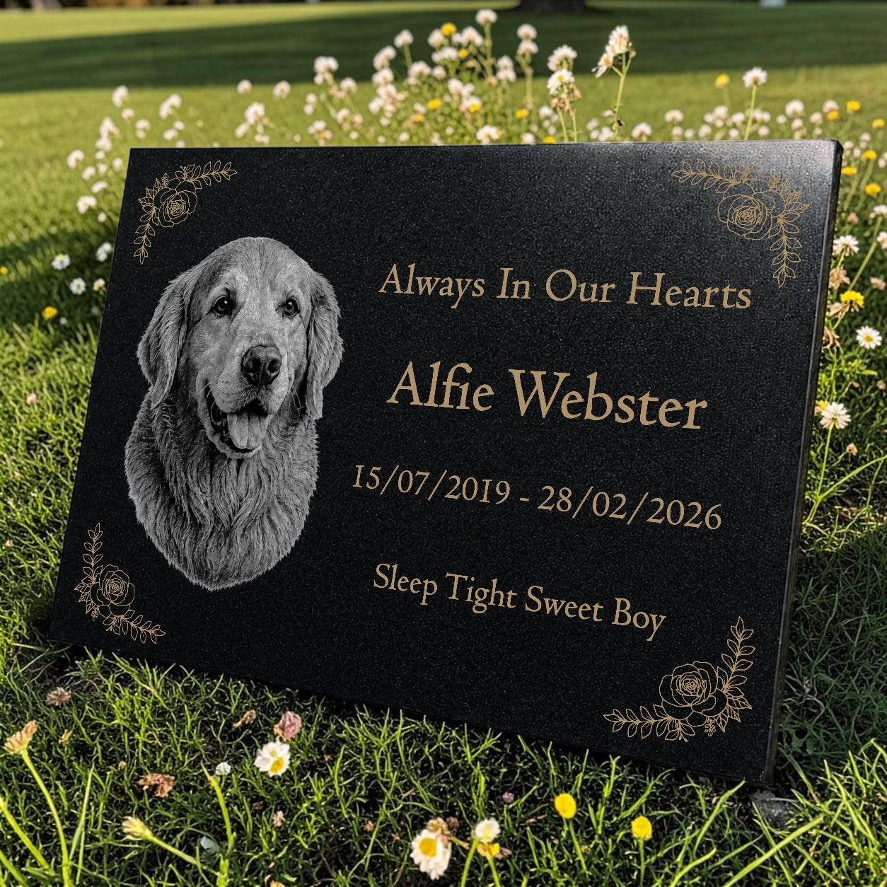 Dog Memorial Granite Photo Plaque - Floral Design