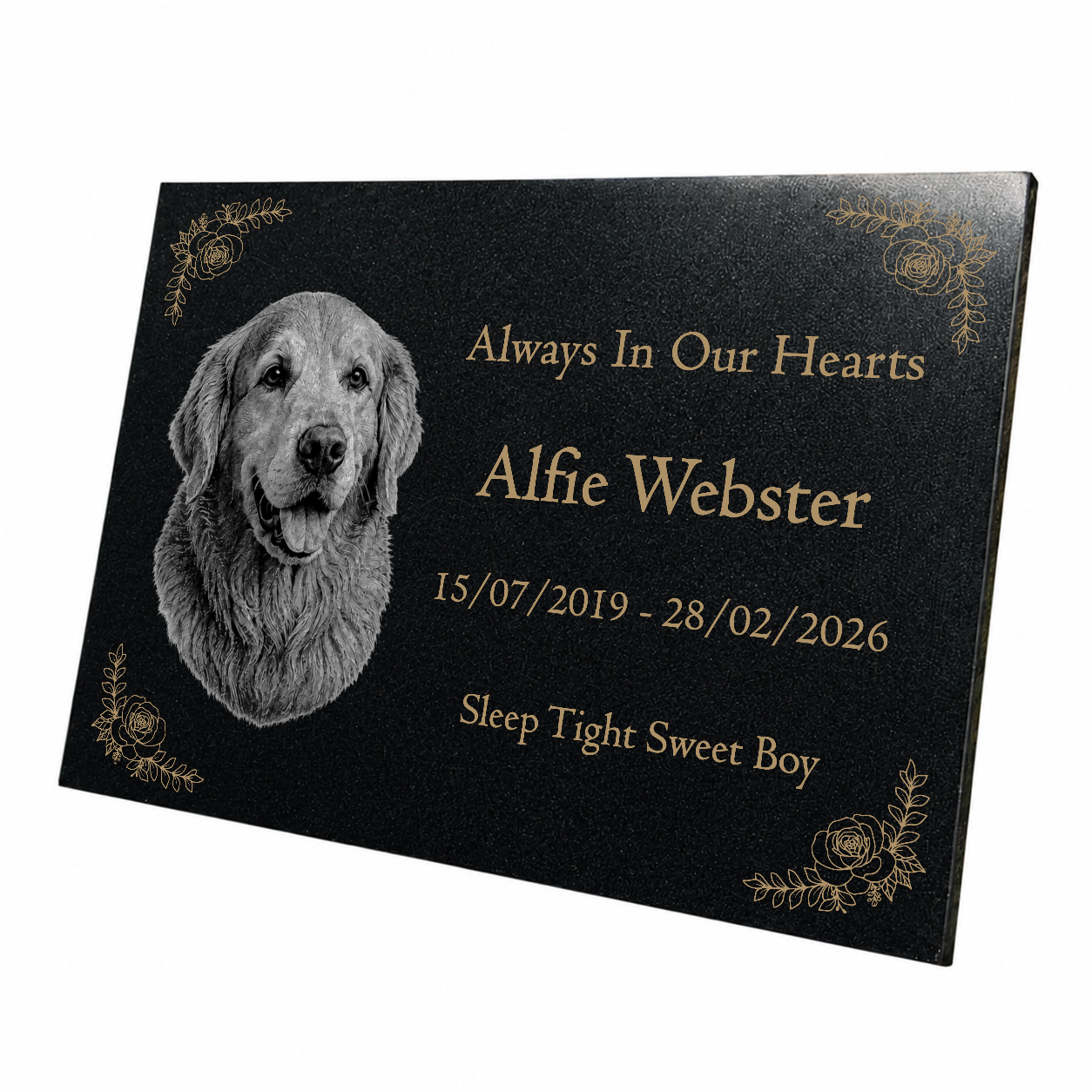 Dog Memorial Granite Photo Plaque - Floral Design