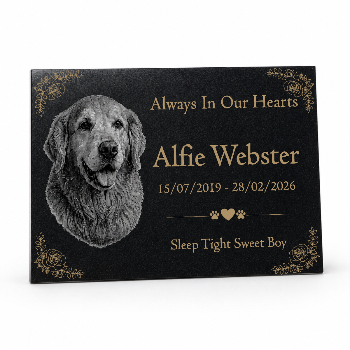 Dog Memorial Granite Photo Plaque - Floral Design