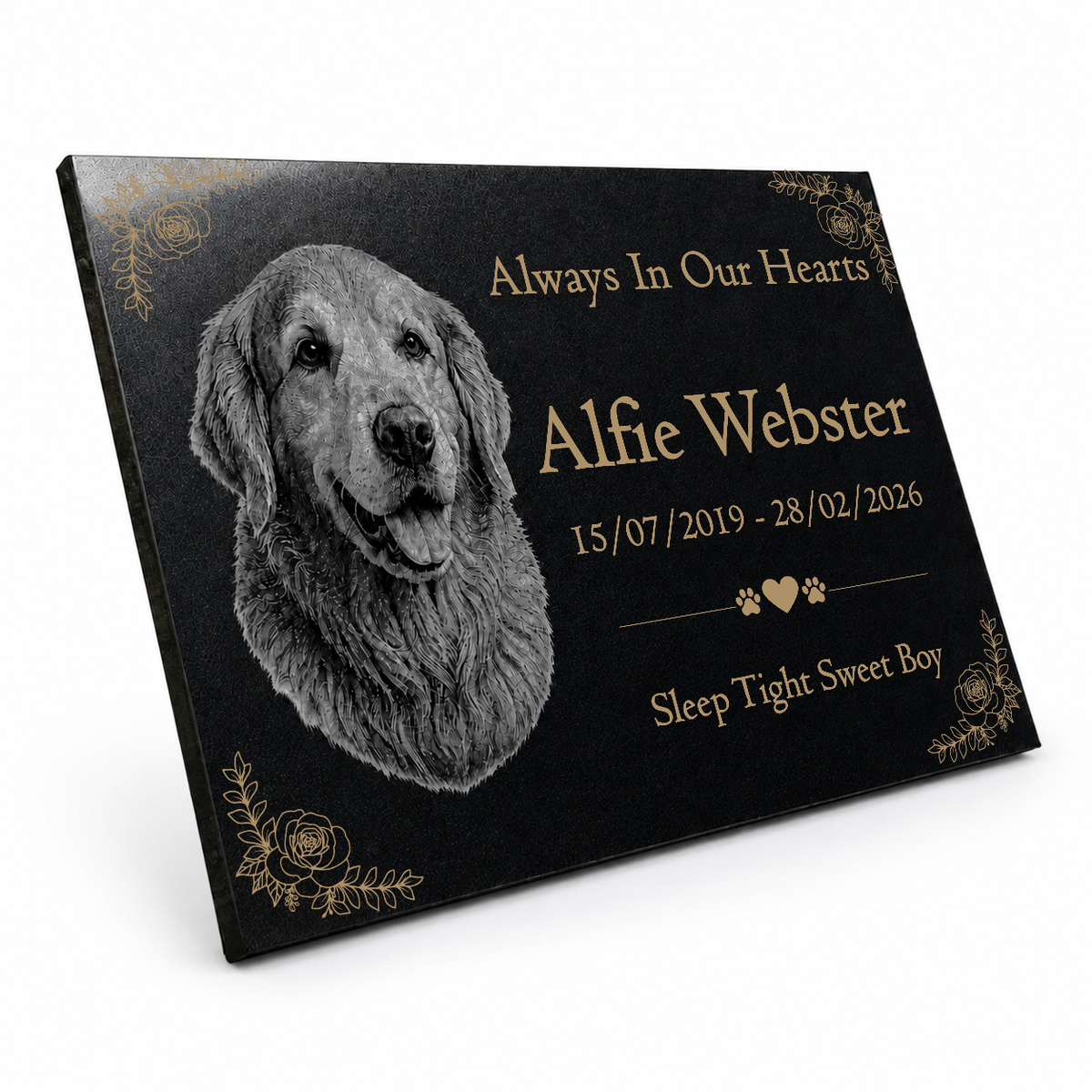 Dog Memorial Granite Photo Plaque - Floral Design