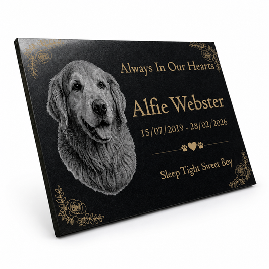 Dog Memorial Granite Photo Plaque - Floral Design