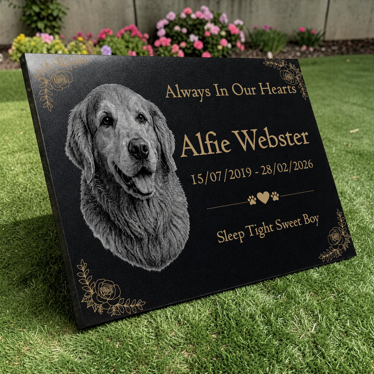 Dog Memorial Granite Photo Plaque - Floral Design