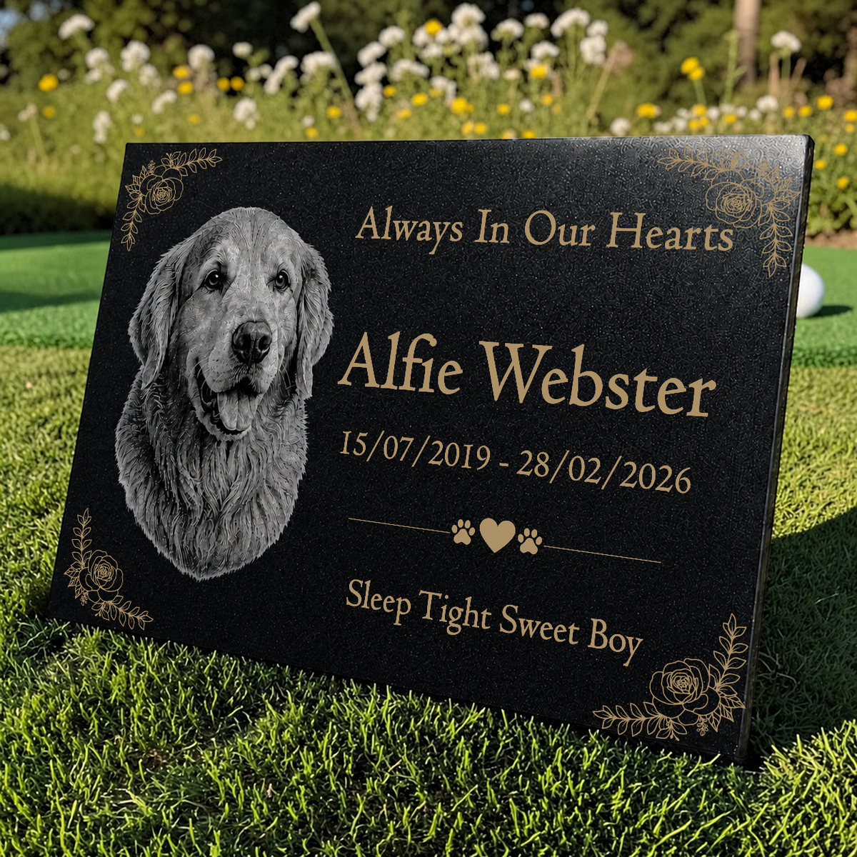 Dog Memorial Granite Photo Plaque - Floral Design
