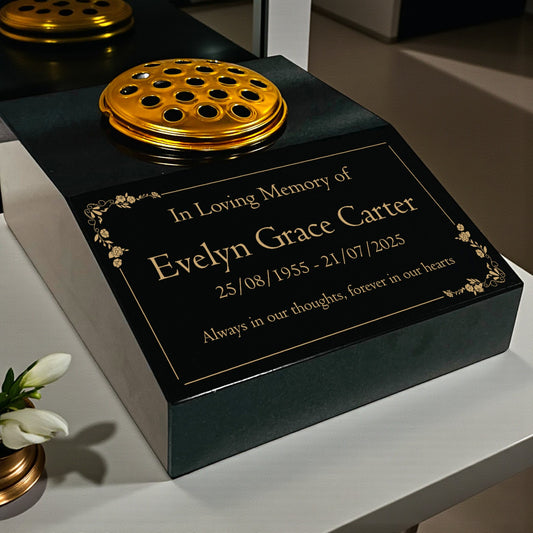 Black Granite Sloping Memorial Desk with Vase – Floral Design, Free Gold Engraving, 12x10x4"