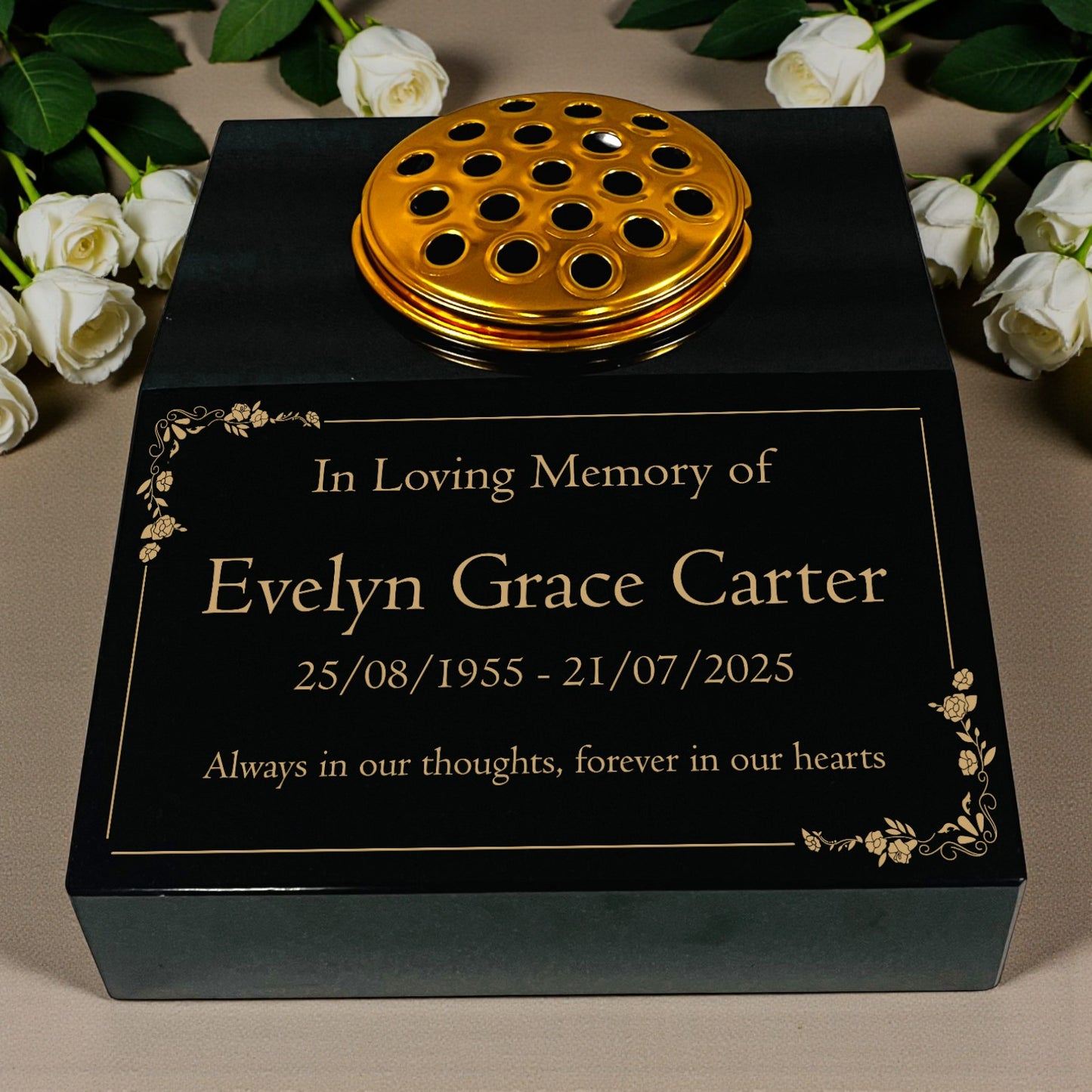Black Granite Sloping Memorial Desk with Vase – Floral Design, Free Gold Engraving, 12x10x4"