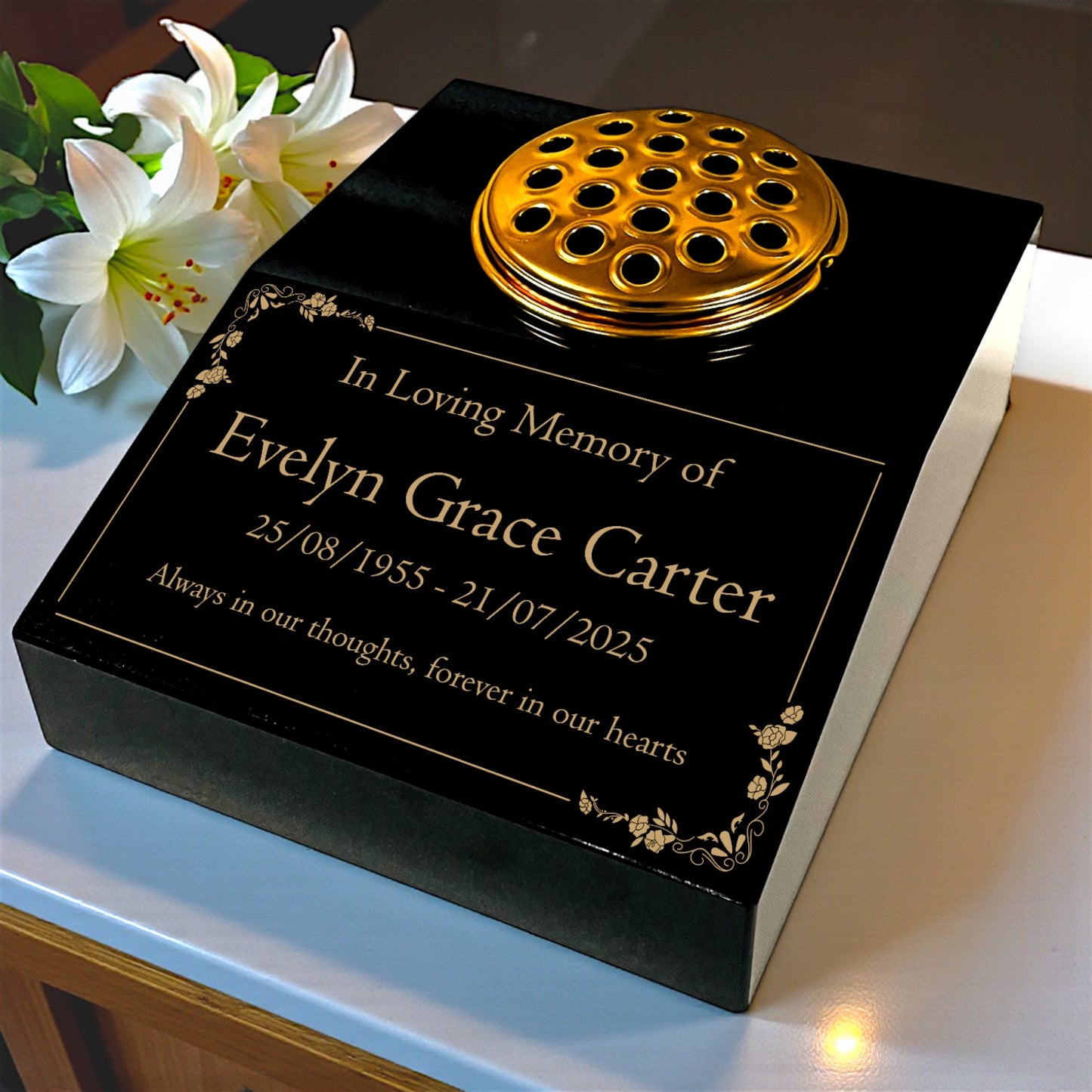 Black Granite Sloping Memorial Desk with Vase – Floral Design, Free Gold Engraving, 12x10x4"