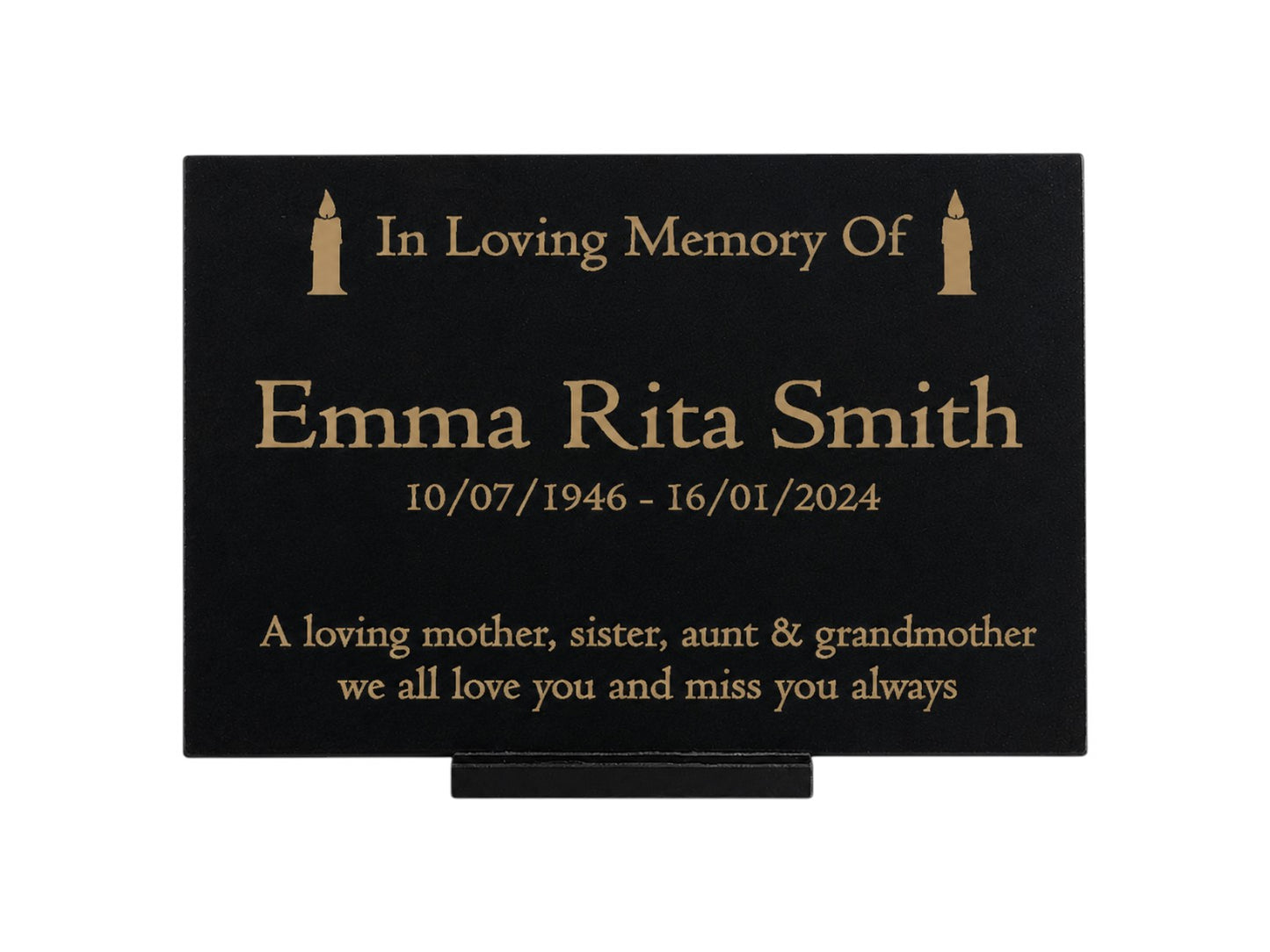 Granite Memorial Plaque, Candle, Stand Included