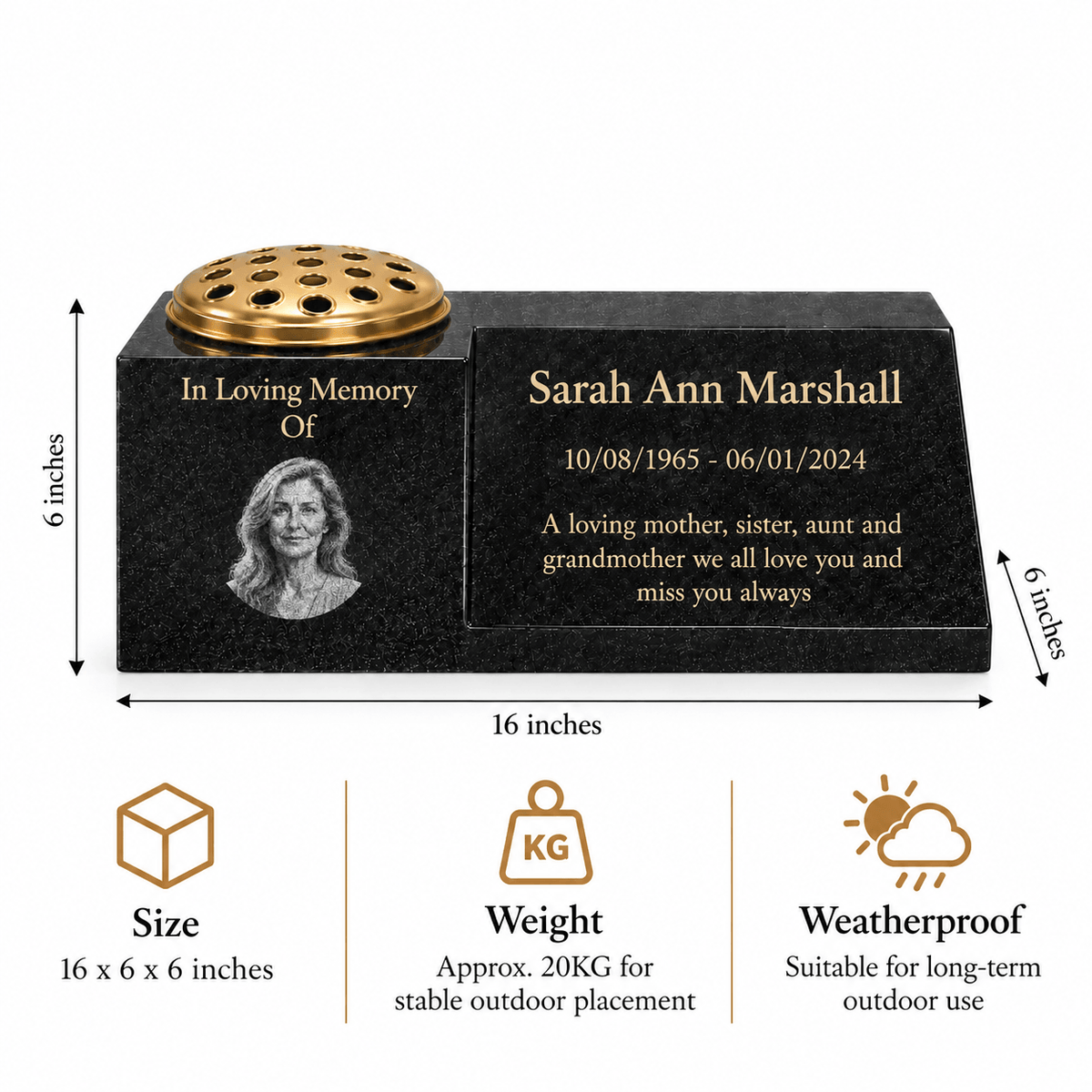 Granite Memorial Vase with Portrait and Plaque Combination, Solid Granite, 16x6x6inchs, 20KG, Includes Flower Pot Insert