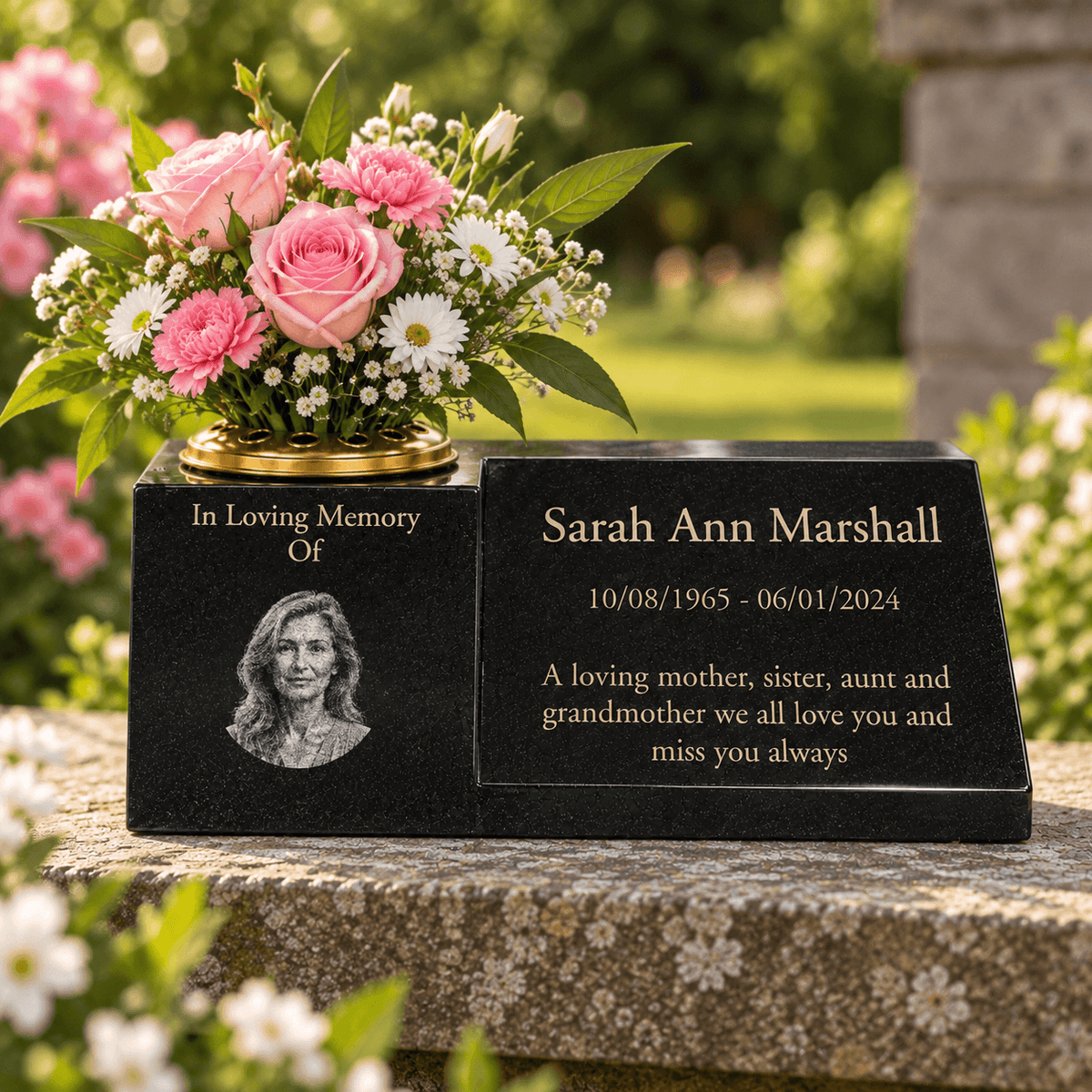 Granite Memorial Vase with Portrait and Plaque Combination, Solid Granite, 16x6x6inchs, 20KG, Includes Flower Pot Insert
