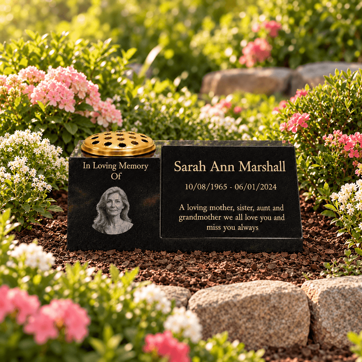 Granite Memorial Vase with Portrait and Plaque Combination, Solid Granite, 16x6x6inchs, 20KG, Includes Flower Pot Insert
