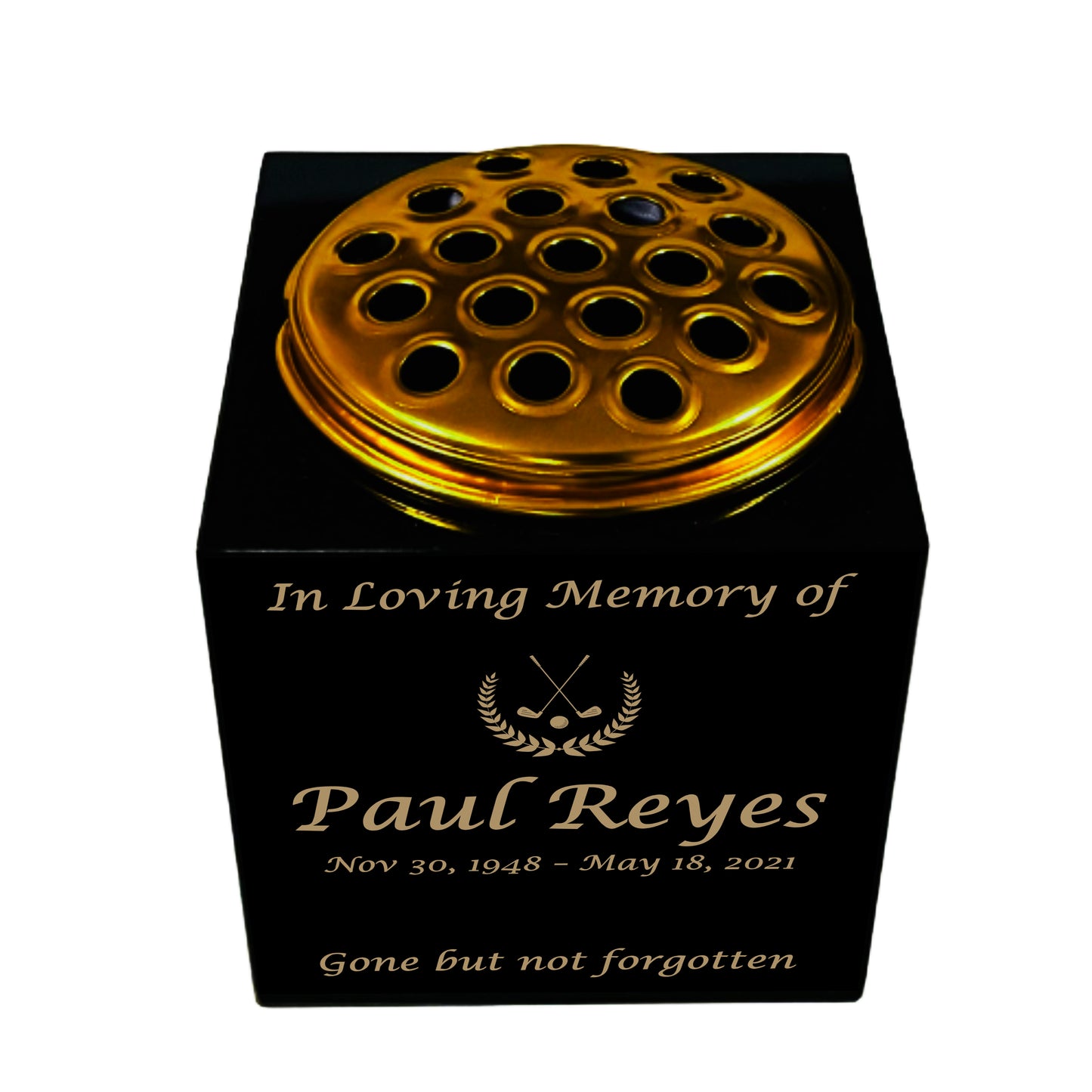 Granite Memorial Vase- Solid Granite – Free Personalised Gold Engraving, Golf Design – Includes Metal Flower Pot Insert