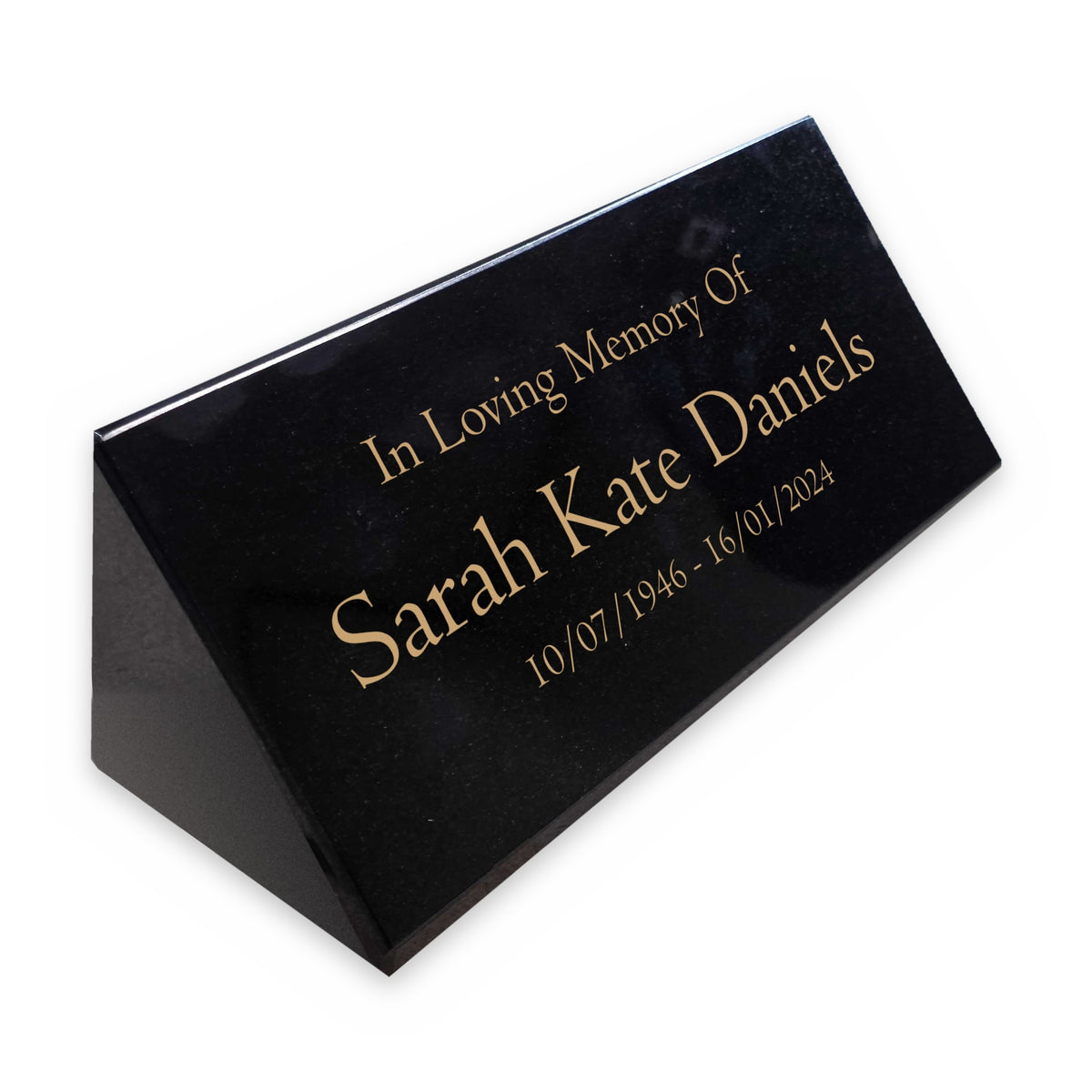 Personalised Granite Wedge Memorial, Free Gold Engraving, Polished Black Granite