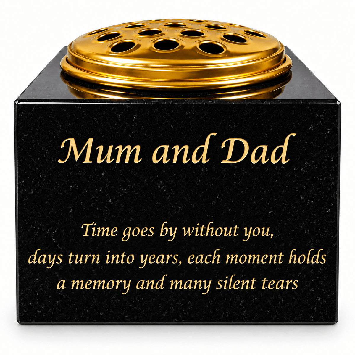 Granite Rectangle-Shaped Memorial Vase, Premium Black with Gold Metal Flower Pot Insert- 6x6x4 Inches