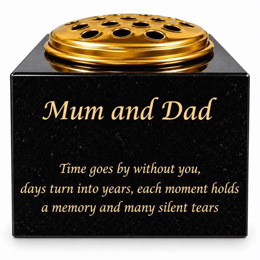 Granite Rectangle-Shaped Memorial Vase, Premium Black with Gold Metal Flower Pot Insert- 6x6x4 Inches