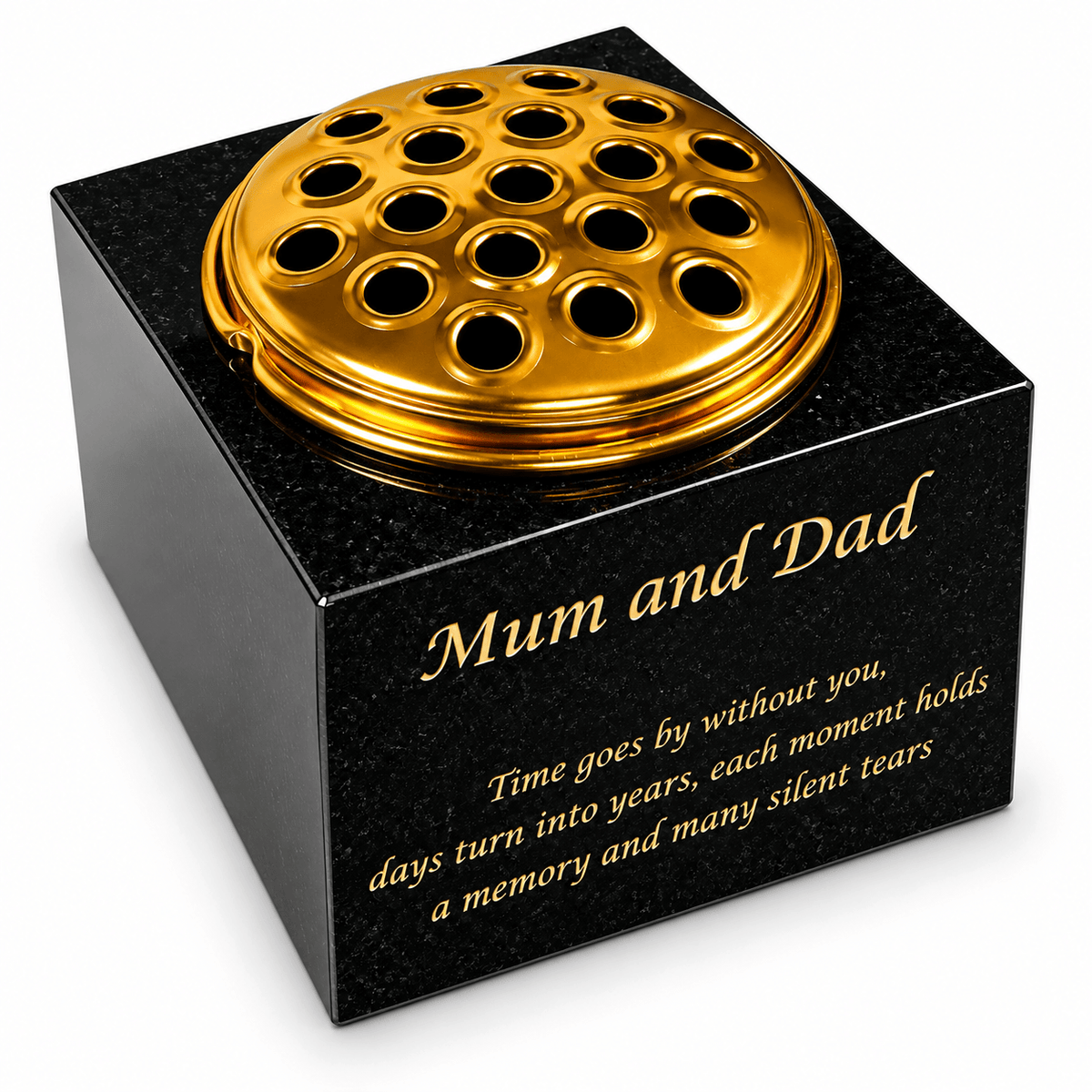 Granite Rectangle-Shaped Memorial Vase, Premium Black with Gold Metal Flower Pot Insert- 6x6x4 Inches