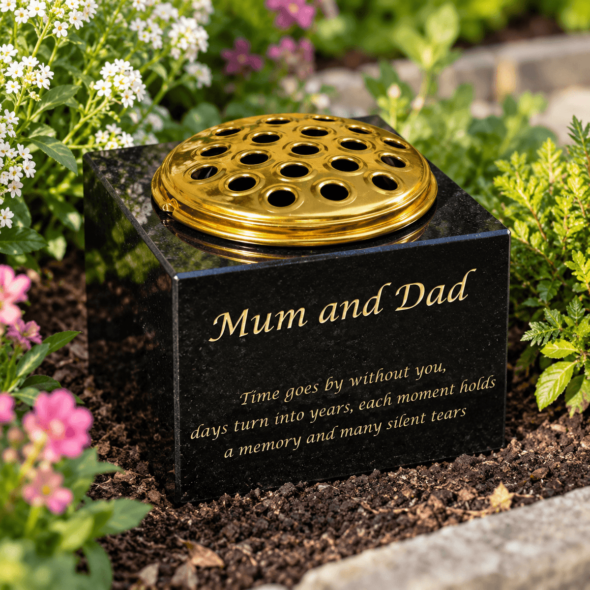 Granite Rectangle-Shaped Memorial Vase, Premium Black with Gold Metal Flower Pot Insert- 6x6x4 Inches