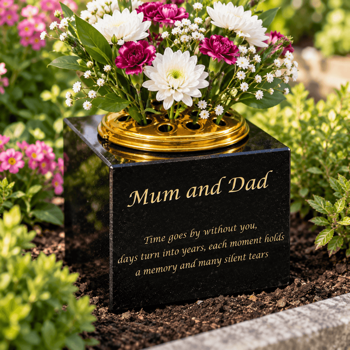 Granite Rectangle-Shaped Memorial Vase, Premium Black with Gold Metal Flower Pot Insert- 6x6x4 Inches