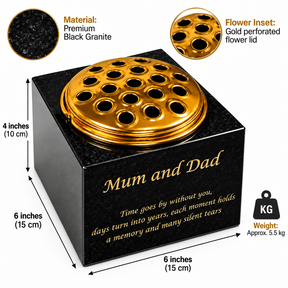 Granite Rectangle-Shaped Memorial Vase, Premium Black with Gold Metal Flower Pot Insert- 6x6x4 Inches