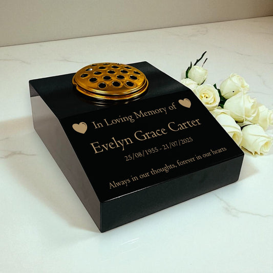 Black Granite Sloping Memorial Desk with Vase – Heart Design, Free Gold Engraving, 12x10x4"