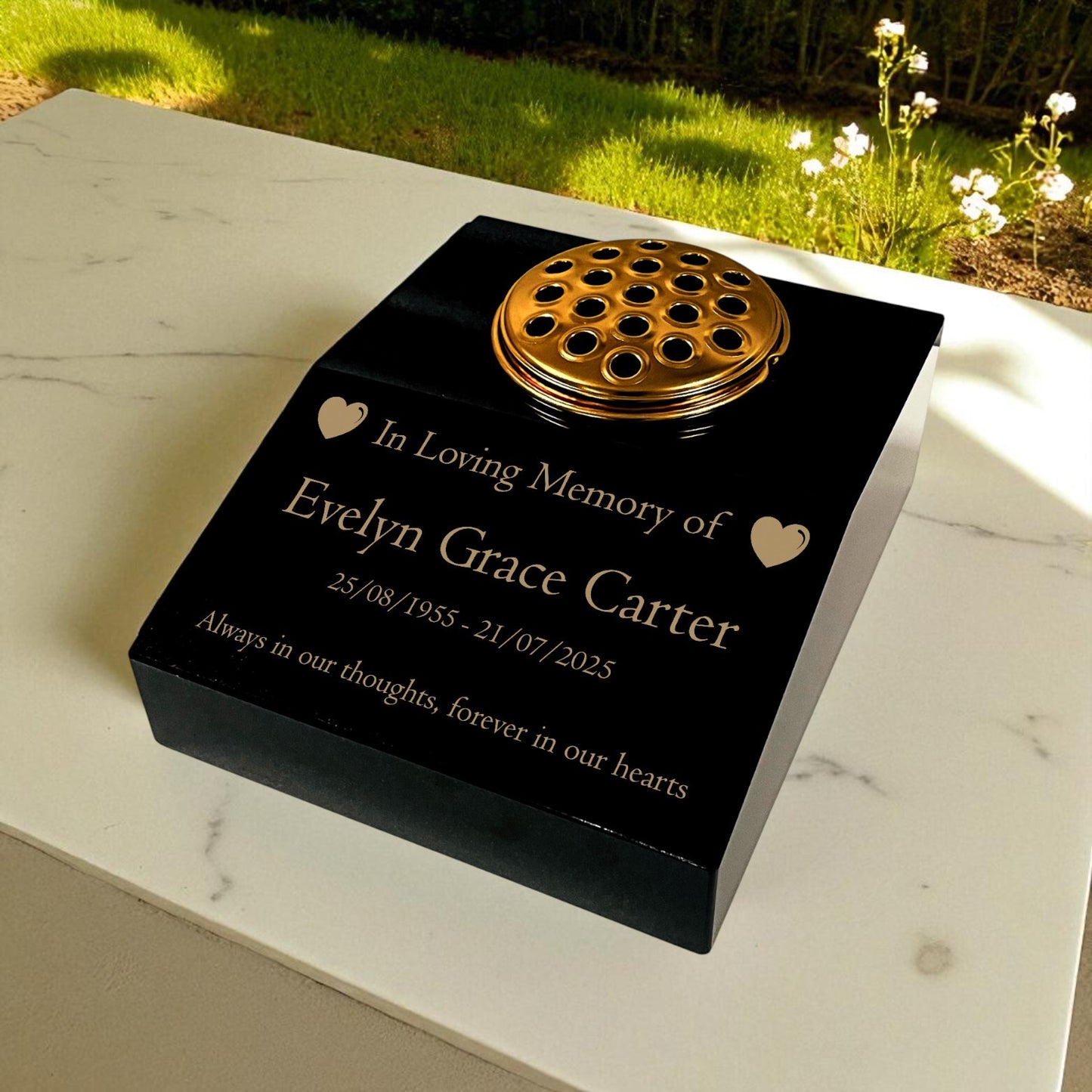 Black Granite Sloping Memorial Desk with Vase – Heart Design, Free Gold Engraving, 12x10x4"