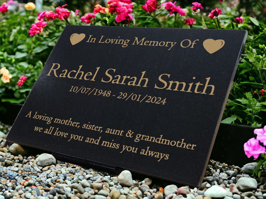 Granite Memorial Plaque, Heart, Personalised, Stand Incluced