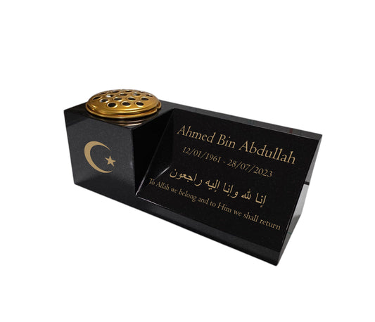 Granite Memorial Vase and Plaque Combination – Islamic Design 1, Solid Granite (16x6x6”) with Flower Pot Insert