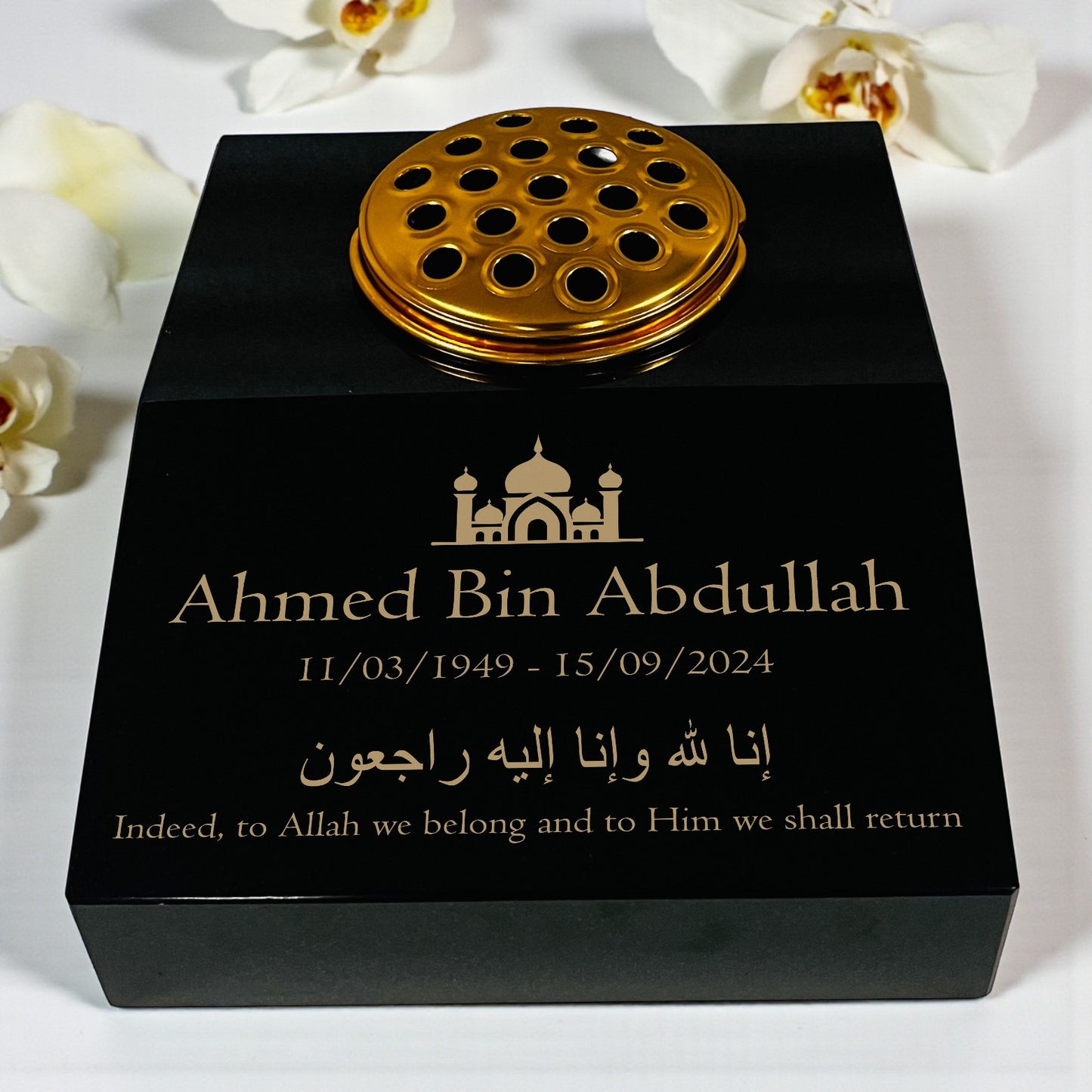 Black Granite Sloping Memorial Desk with Vase – Islamic Design 2, Free Gold Engraving, 12x10x4"