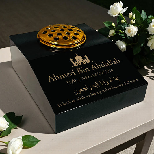Black Granite Sloping Memorial Desk with Vase – Islamic Design 2, Free Gold Engraving, 12x10x4"