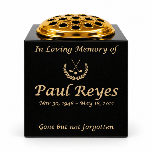 Granite Memorial Vase- Solid Granite – Free Personalised Gold Engraving, Golf Design – Includes Metal Flower Pot Insert