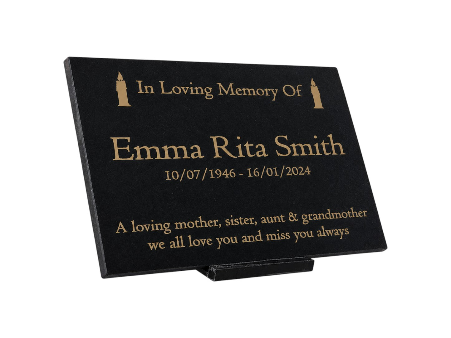 Granite Memorial Plaque, Candle, Stand Included