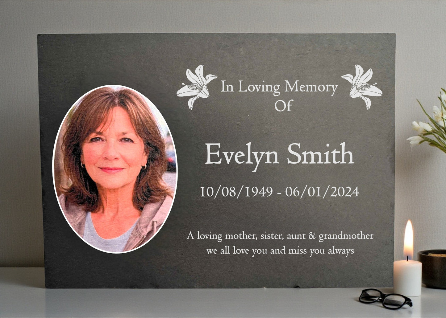 Photo Slate Memorial Plaque, Lilys, Add a Portrait & Personalised Text | 35×25cm (14×10”)