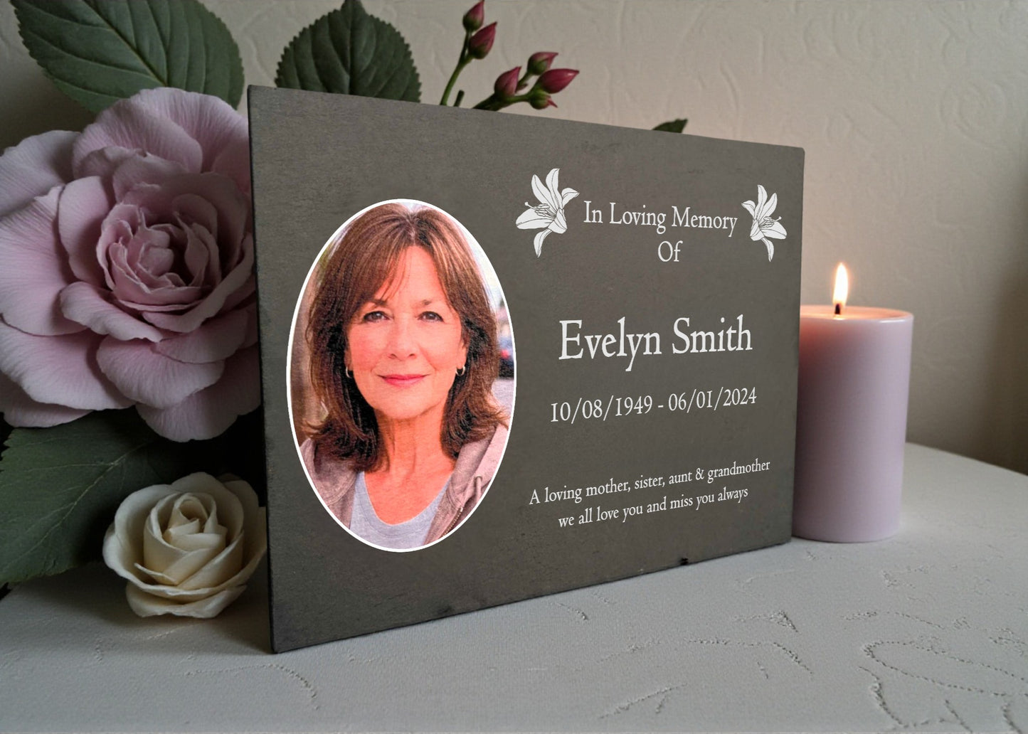 Photo Slate Memorial Plaque, Lilys, Add a Portrait & Personalised Text | 35×25cm (14×10”)