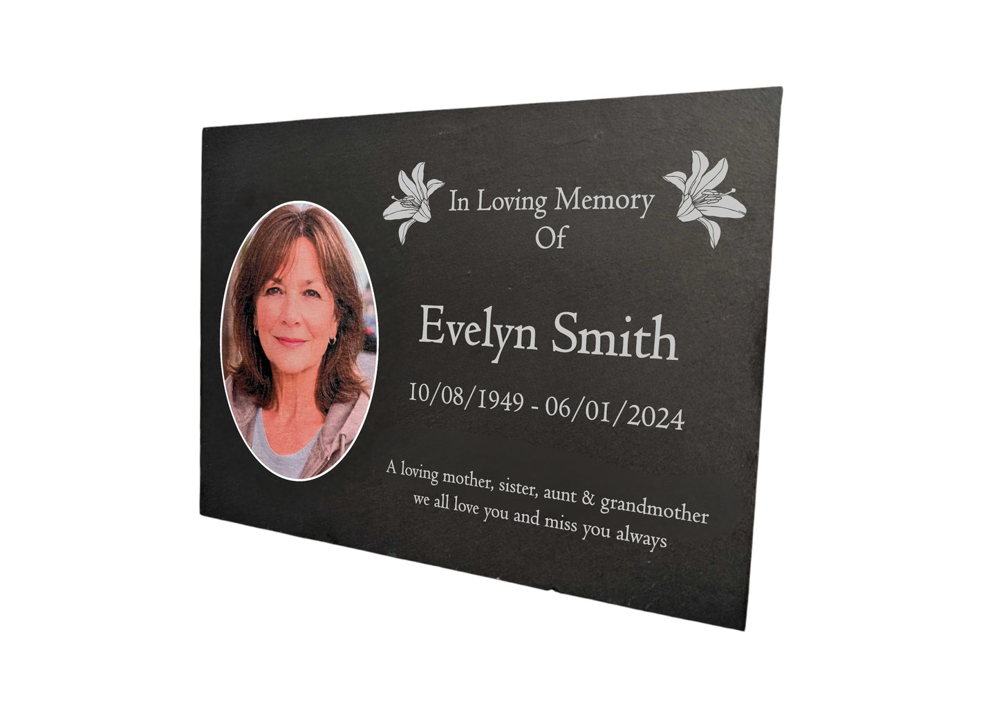 Photo Slate Memorial Plaque, Lilys, Add a Portrait & Personalised Text | 35×25cm (14×10”)